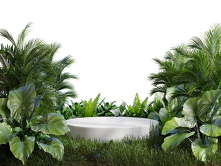 White podium in tropical forest for product presentation and on transparent background. - obrazy, fototapety, plakaty