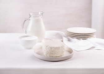 Cottage cheese, cream, milk in a light bowl on a white table