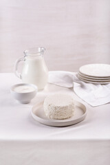 Fototapeta na wymiar Cottage cheese, cream, milk in a light bowl on a white table