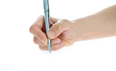 Woman hand holding pen on white background