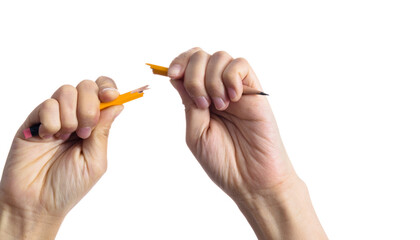 Woman hand breaking pencil on white background