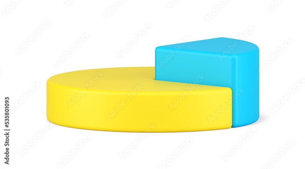 Poster pie chart side view 3d icon. infographic volumetric yellow circle with highlighted triangular blue p