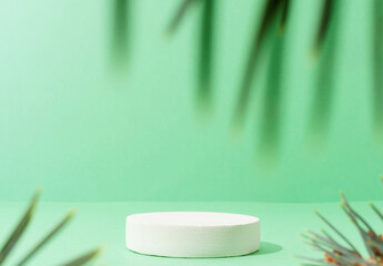 A minimalistic scene of a podium with christmas pine tree on green background