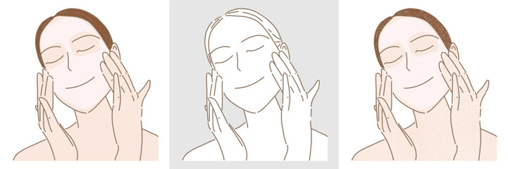 Young woman taking care of skin, applying cream on face, face cleansing, masking. Set of different styles hand drawn flat vector illustration isolated on colored background.