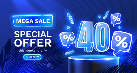 Mega sale special offer, Neon 40 off sale banner. Sign board promotion. Vector