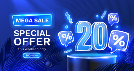 Naklejka premium Mega sale special offer, Neon 20 off sale banner. Sign board promotion. Vector