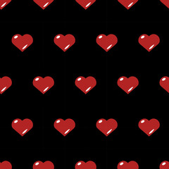 Hearts, seamless pattern, vector. Pattern of red hearts on a black background.