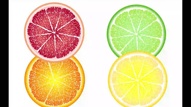 Juicy fruit circles spin, appear and disappear, fall into the water. Orange, red, yellow, green fruit.