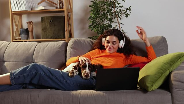Young woman is using laptop and lying with English springer spaniel dog on bed at home. Beautiful girl hugging with her beloved pet and looking at computer screen with smile. Domestic animal