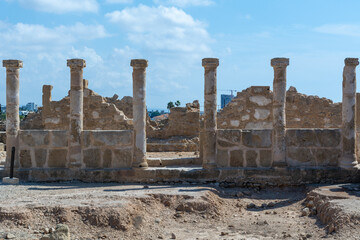 Ruins in Cyprus. Ancient pastroika of Paphos. Pillars of the medieval city. Ruins in Archaeological Park. Open Air Museum in Paphos. Pillars of the old city in the open air. Sights of Cyprus.