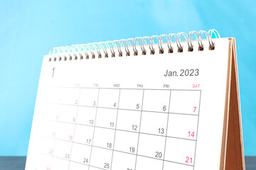 close-up of calendar January 2023 on a blue background