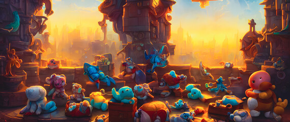 Artistic concept painting of a surreal toys, background illustration.