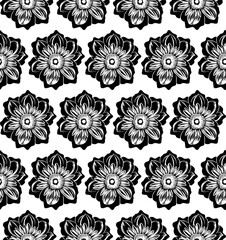 Seamless vector line art pattern made of black hand drawn flowers on white, retro engraving style
