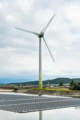 Combining wind power and solar power at Houlong Flood Detention Pond in Miaoli, Taiwan.