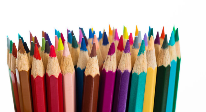 A bunch of colorful pencils on white background