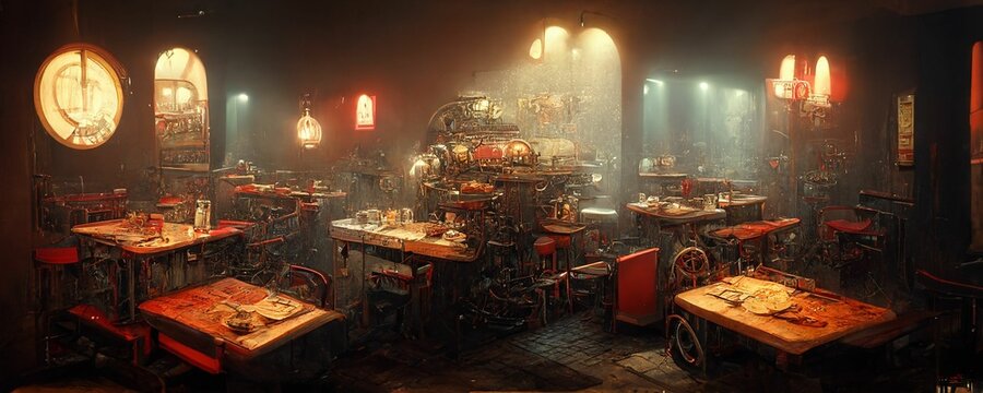 Hyper-realistic illustration of rusty details production workshop with dramatic colorful lights