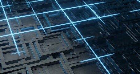 abstract background using elongated cube geometry pattern with black metallic texture and blue glowing lines, 3d rendering, and 4K size