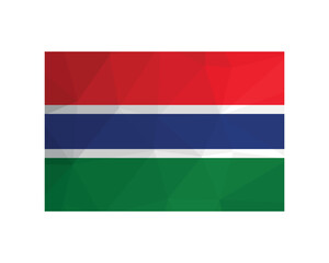 Vector illustration. Official ensign of Gambia. National flag with red, blue, green, white stripes. Creative design in low poly style with triangular shapes