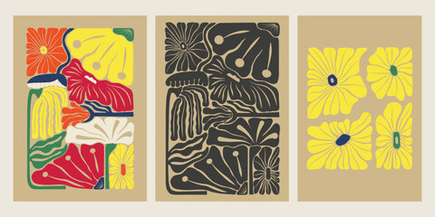 Set of abstract hand drawn aesthetic floral illustration posters. Botanical retro concept templates  perfect for postcards, wall art, banner, background etc.