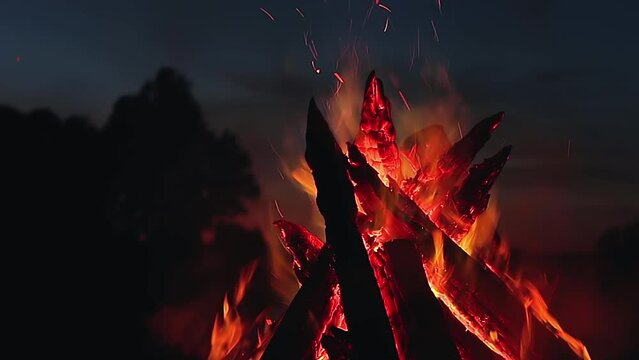 Big Burning Campfire at Summer Night against the Blue Sky. Wood on Fire. Flying Sparks. Travel and Tourism Concept. Giant Flaming Bonfire - Static Shot, Slow Motion