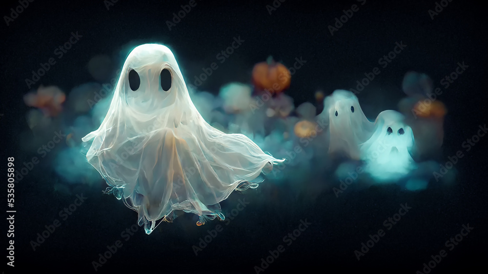 Wall mural scary ghost on dark background. ghost in a white sheet. ghost in a sheet floating in the air. - Wall murals