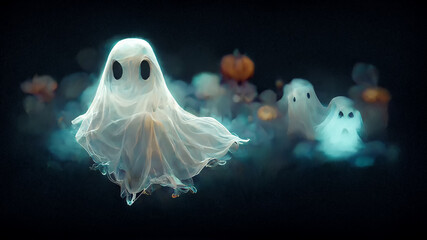 Scary ghost on dark background. Ghost in a white sheet. Ghost in a sheet floating in the air.