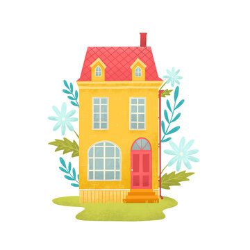 Hand drawn cute yellow cottage decorated with flowers and leaves. PNG clip art, sticker, decor element for cards, posters, prints, etc. 