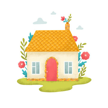 Hand drawn cute countryside cottage decorated with floral elements and leaves. PNG clip art, sticker, decor element for cards, posters, prints, etc. 