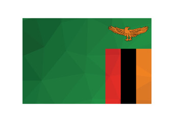 Vector illustration. Official ensign of Zambia. National flag with eagle and red, black, yellow stripes on green background. Creative design in low poly style