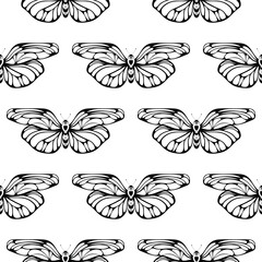 Minimalist seamless pattern with butterflies in black and white colors.