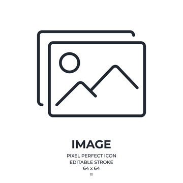 Image and photography editable stroke outline icon isolated on white background flat vector illustration. Pixel perfect. 64 x 64.