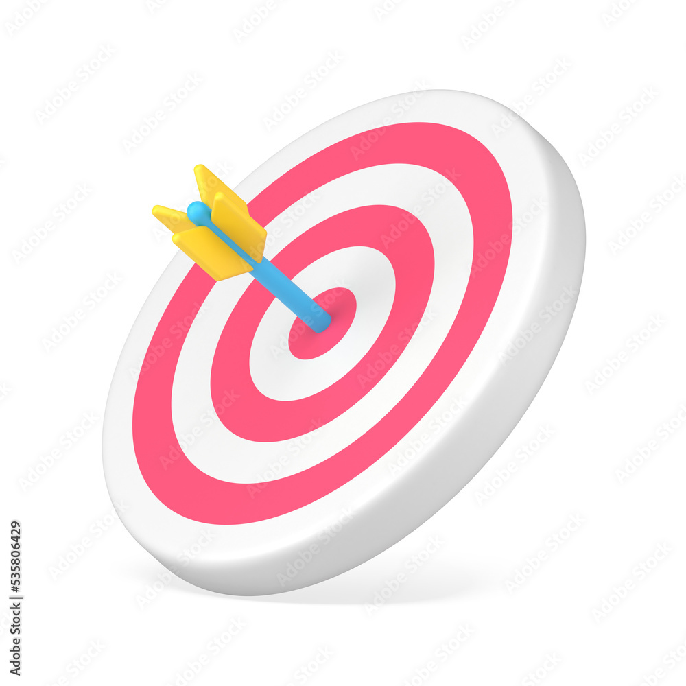 Poster arrow target 3d icon. circular disc with red stripes and blue dart in center
