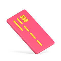 Pink credit card. Volumetric plastic rectangle with yellow code stripes and chip