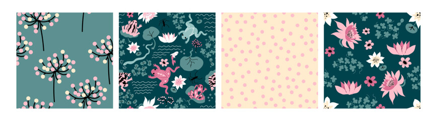 Frog Pattern. Set of vector backgrounds with snake, water striders, flowers, lotus, Water Lillies.  Perfect for cards, wrapping paper, printing on the fabric, design package and cover