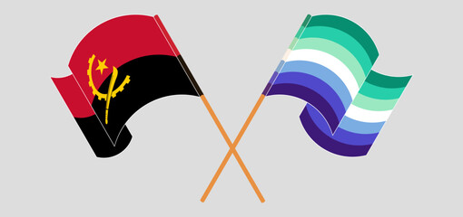 Crossed and waving flags of Angola and gay men pride