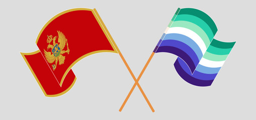 Crossed and waving flags of Montenegro and gay men pride