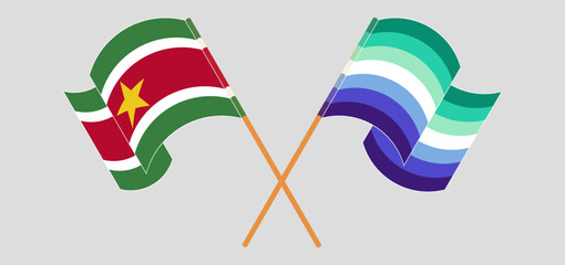 Crossed and waving flags of Suriname and gay men pride