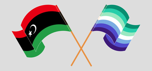 Crossed and waving flags of Libya and gay men pride