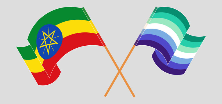 Crossed and waving flags of Ethiopia and gay men pride