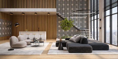 Modern style conceptual interior room wide view 3d illustration