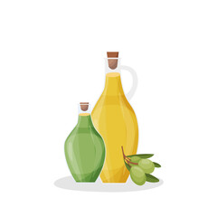 Olive and sunflower oil in glass bottles next to a sprig of olives. Vector illustration for menus, ingredients