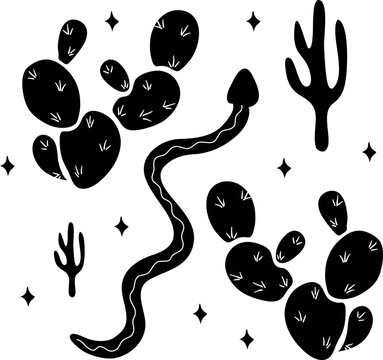 Snake and Cactus Hand Drawn Silhouette Vector Illustration