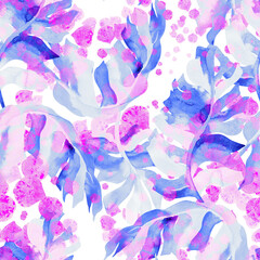Watercolor paint brush seamless abstract floral pattern with blue pink colors