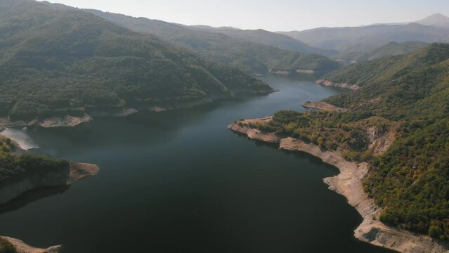Aerial Shot of Artificial Lake Thisavros Drama Greece Mountains, Noon Background Shot, 4K Footage