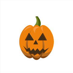 Classic orange pumpkin with scary face or smile isolated on white background. Halloween concept. Vector illustration
