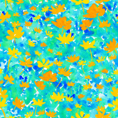 Fototapeta na wymiar Small orange flowers on a blue watercolor background seamless floral pattern