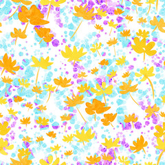 Watercolor seamless floral pattern of small flowers and petals in pastel colors