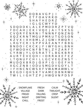 Snowy Night Word Search Activity Page. High quality photo. An 8.5 by 11 page ready for printing.