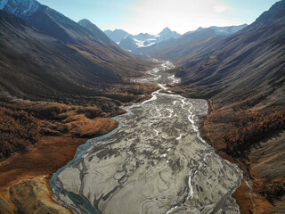 mountains glacier river valley autumn drone