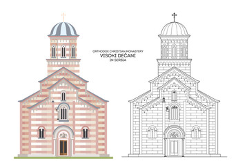 Illustration of Visoki Dečani Monastery in Serbia. Unique Serbian Orthodox Christian Church constructed in a mixture of Romanic, Gothic and Byzantine styles. - obrazy, fototapety, plakaty